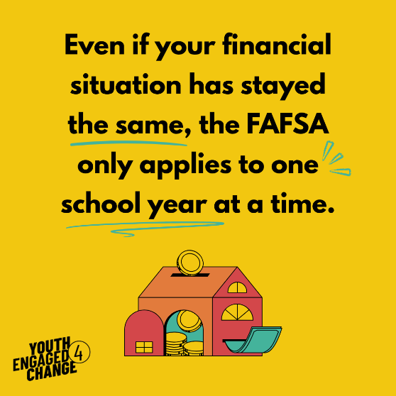 YE4C graphic that reads even is your financial situation has stayed the same, the FAFSA only applies to one scholl year at a time.