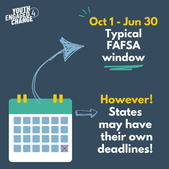 YE4C graphic that reads Oct 1 - Jun 30 is the Typical FAFSA window, however states may have their own deadlines!