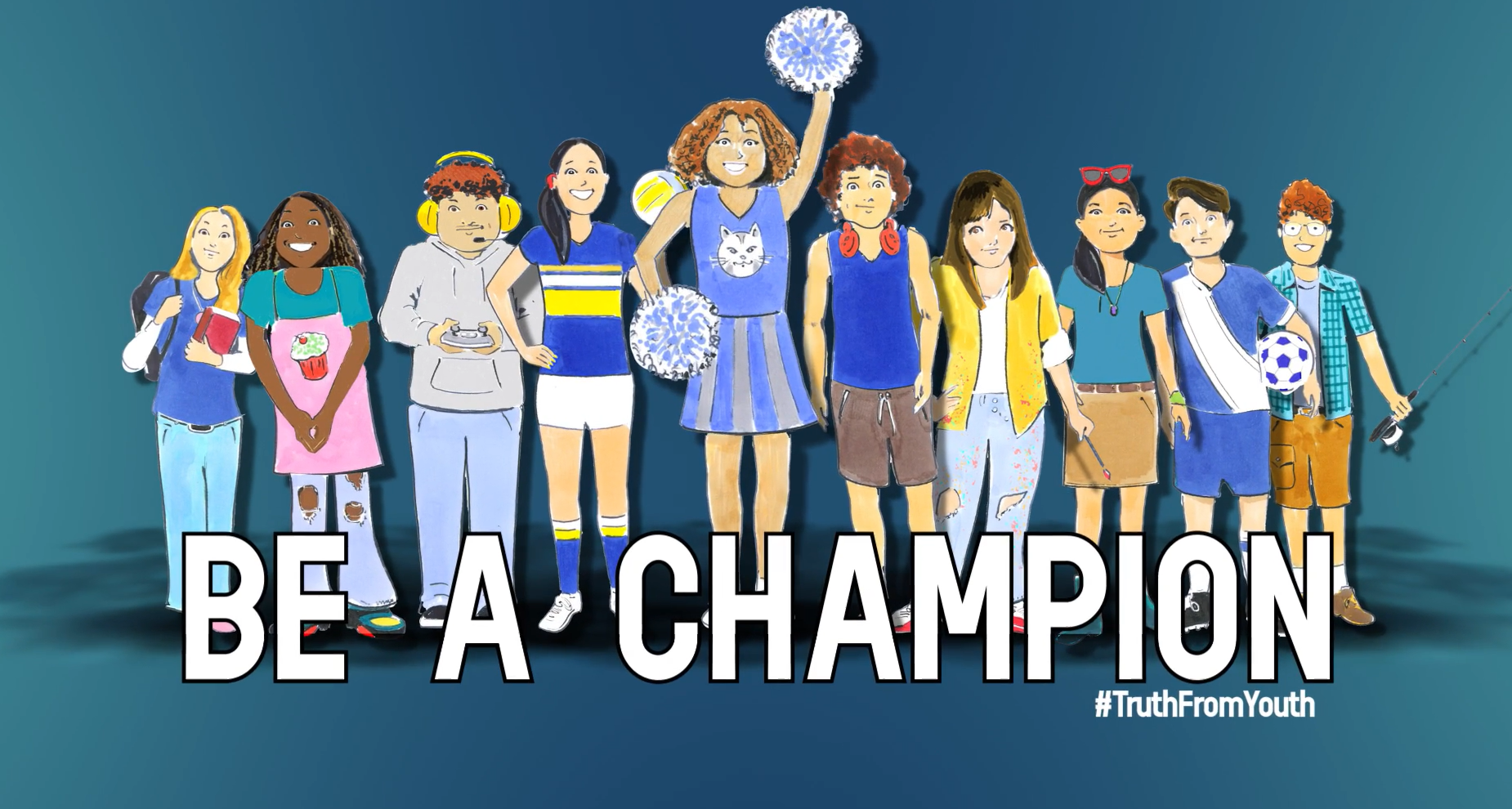 Illustration of 10 youth standing in a row with the words Be a Champion and Truth from Youth below