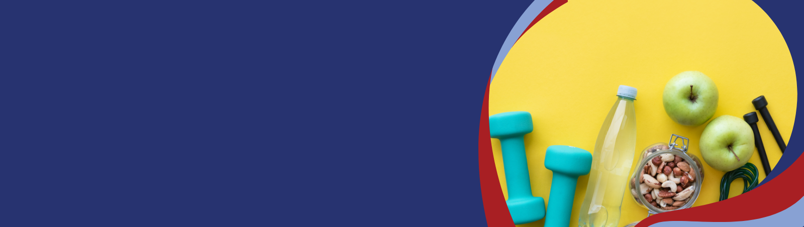 yellow background with weights, a water bottle, jar of nuts, two apples, and a jump rope
